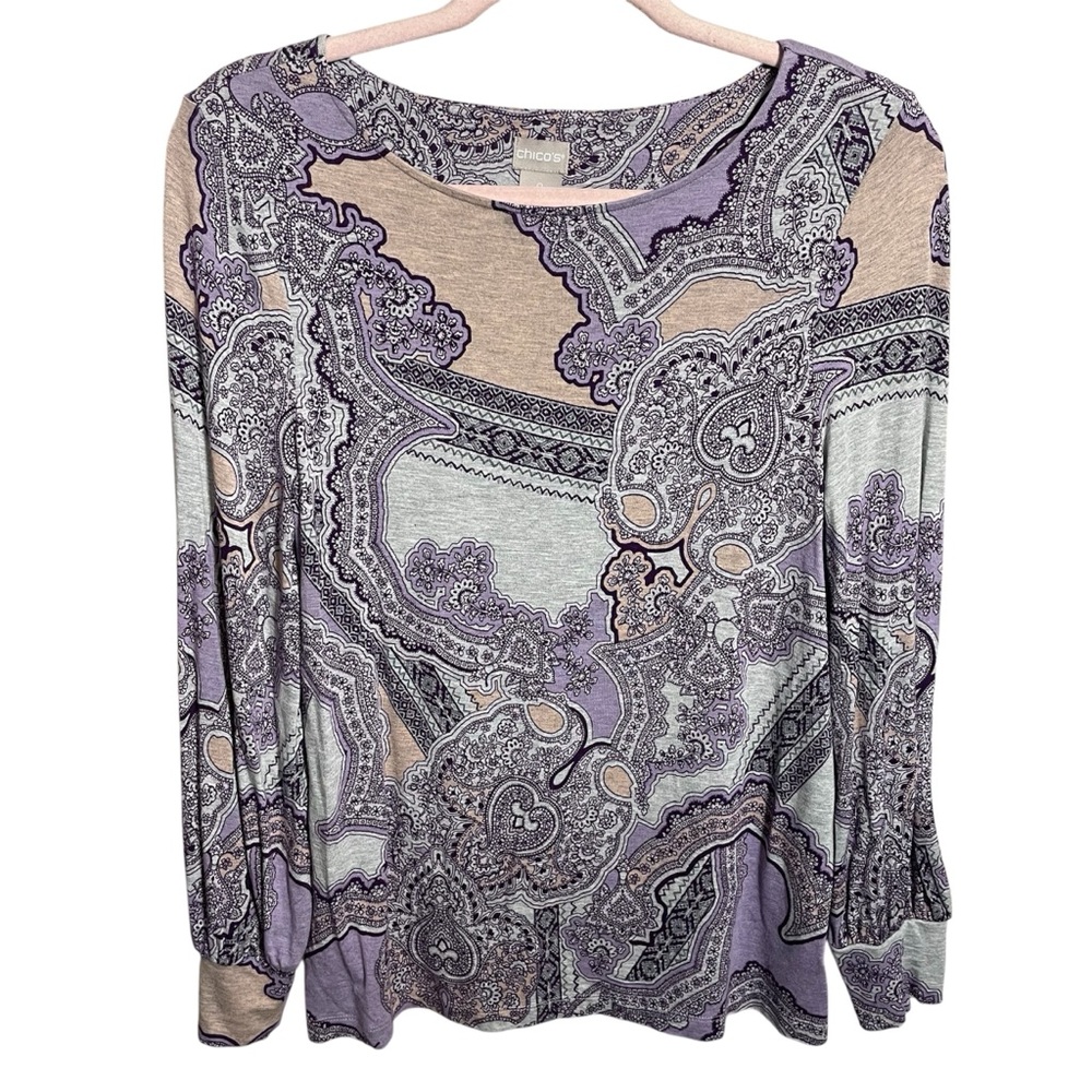 Chico's Purple and Tan Paisley Long Sleeve Top size 0 small